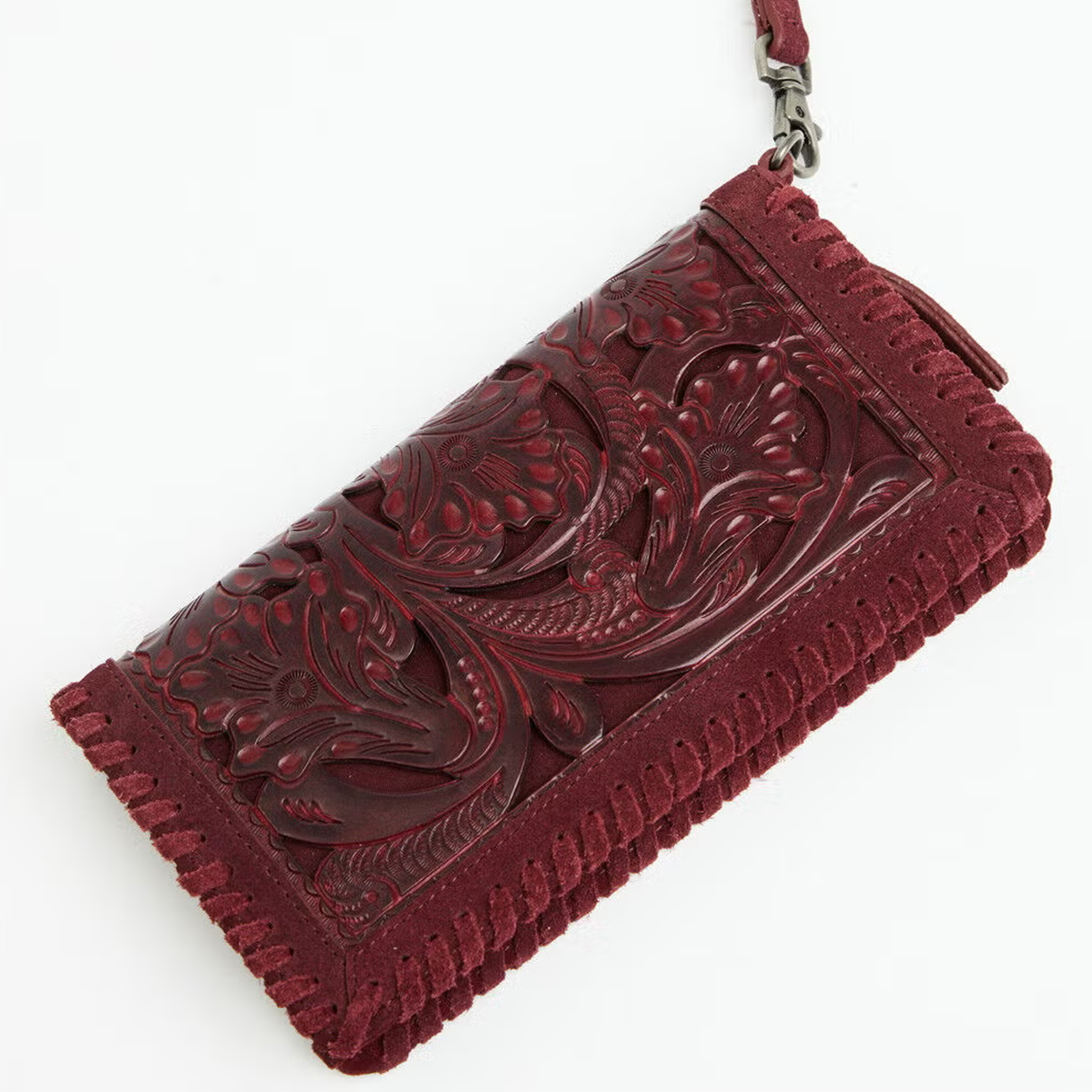 Deep Burgundy Intricate Floral Embossed Rectangular Wristlet Wallet With Full Fringe Whipstitch Trim, Detachable Wrist Strand And Multi-Slot Layered Inner Layout