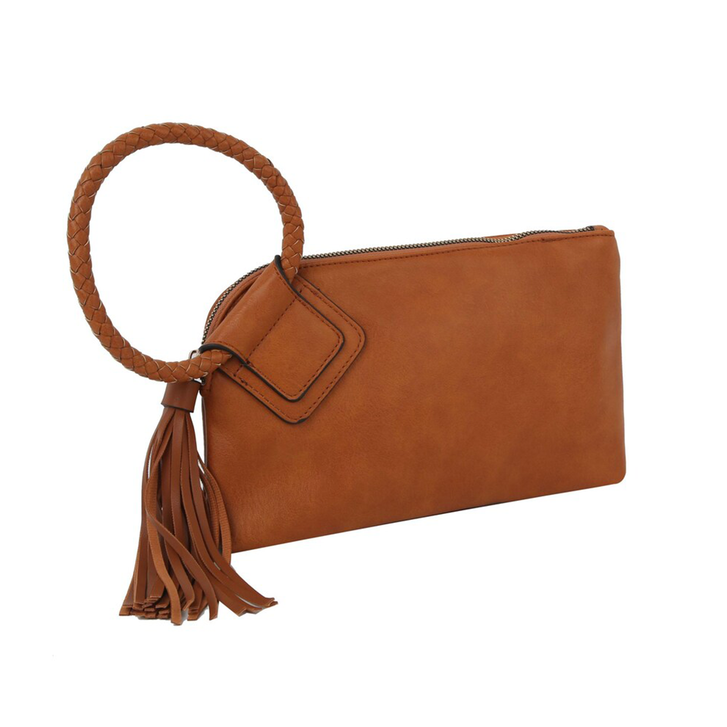 Smooth Matte Rectangular Wristlet Clutch With Braided Circular Loop Grip, Cascading Fringe Tassel And Multi-Slot Fabric Lined Interior