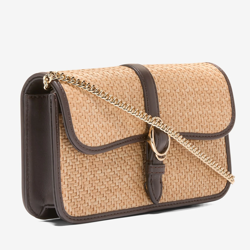 Neutral Beige Tight Woven Rectangular Wallet Shoulder Bag With Dark Brown Trim, Double Ring Metallic Front Hardware And Polished Linked Gold Chain Strand