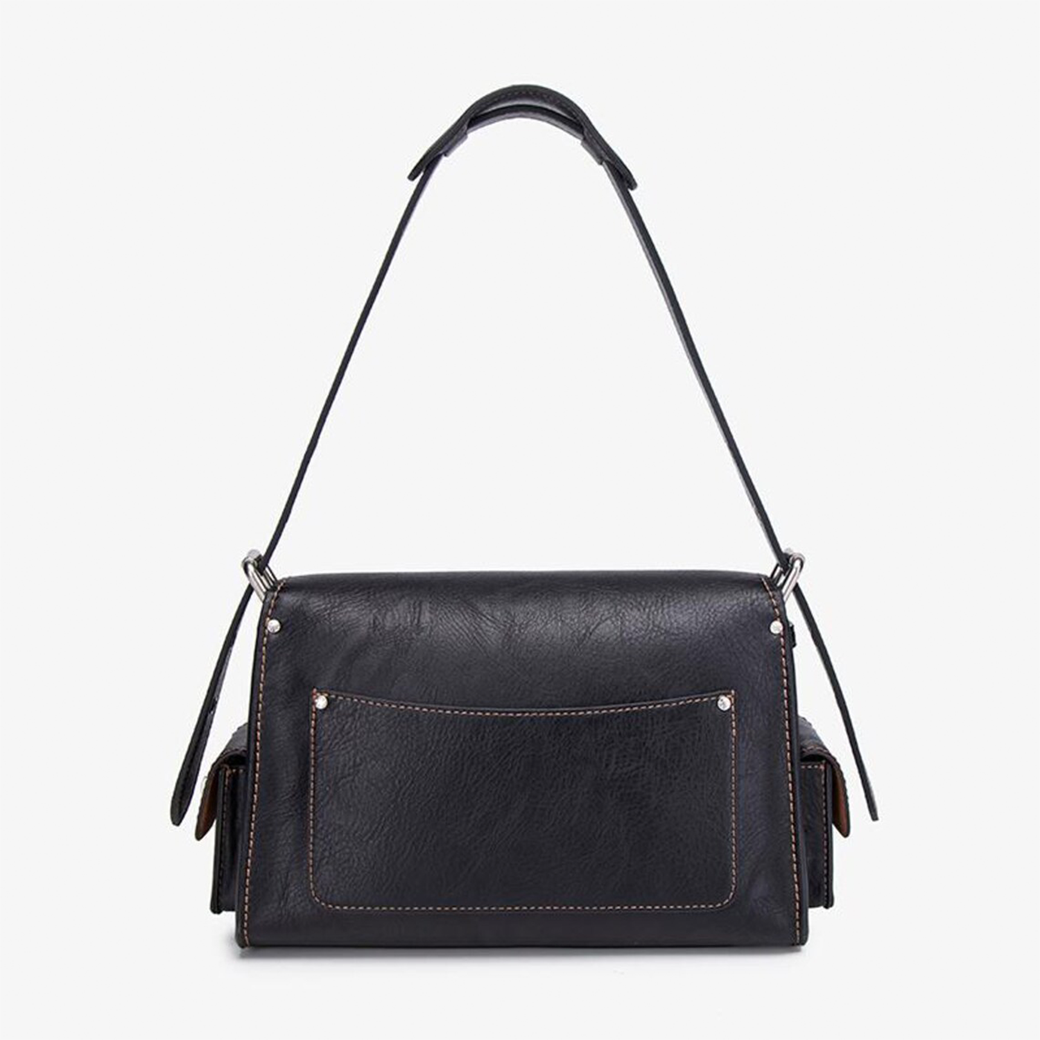 Jet Black Vintage Textured Grain Rectangular Satchel With Contrast Edge Stitching, Triple Front Turn-Lock Pockets, Side Extension Pouches And Rear Flat Slip Pocket