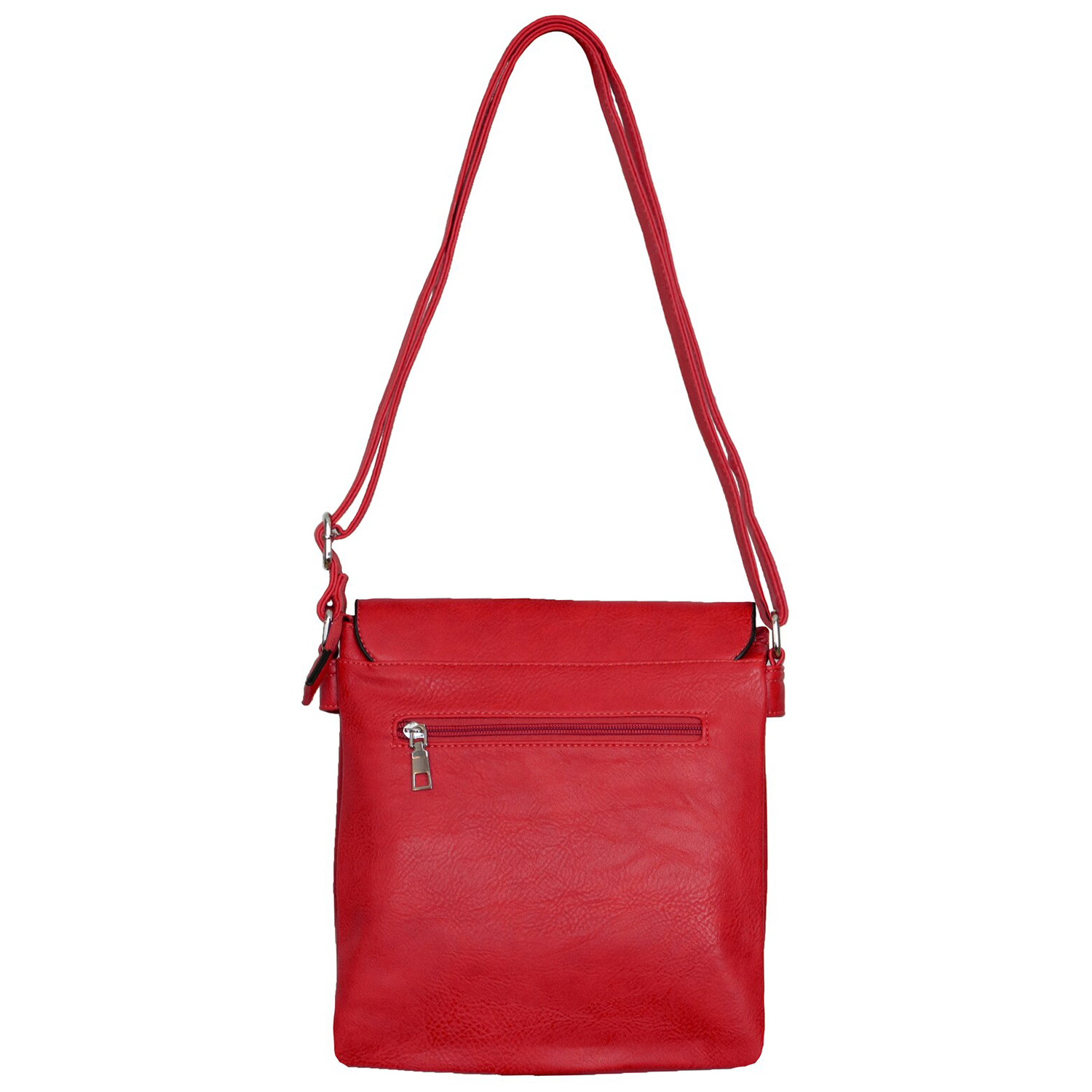 Vibrant Scarlet Pebbled Grain Upright Square Flap Shoulder Carry With Curved Metallic Flap Accent Plate, Rear Full-Width Zip Pocket And Divided Segmented Main Interior