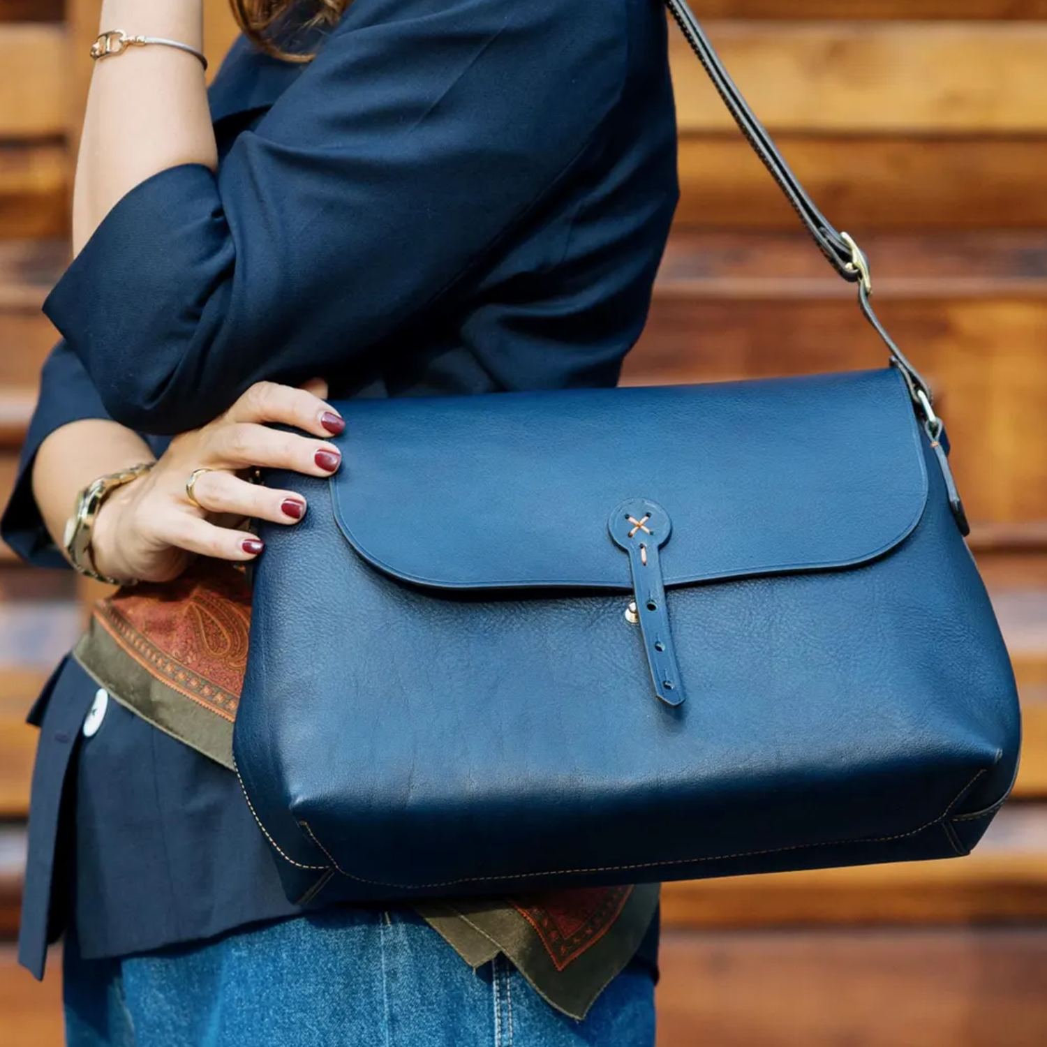 Deep Navy Pebbled Grain Curved Flap Shoulder Satchel With Contrast Edge Stitching, Stitched Circular Tab Fastener And Triple Slot Fabric Lined Interior
