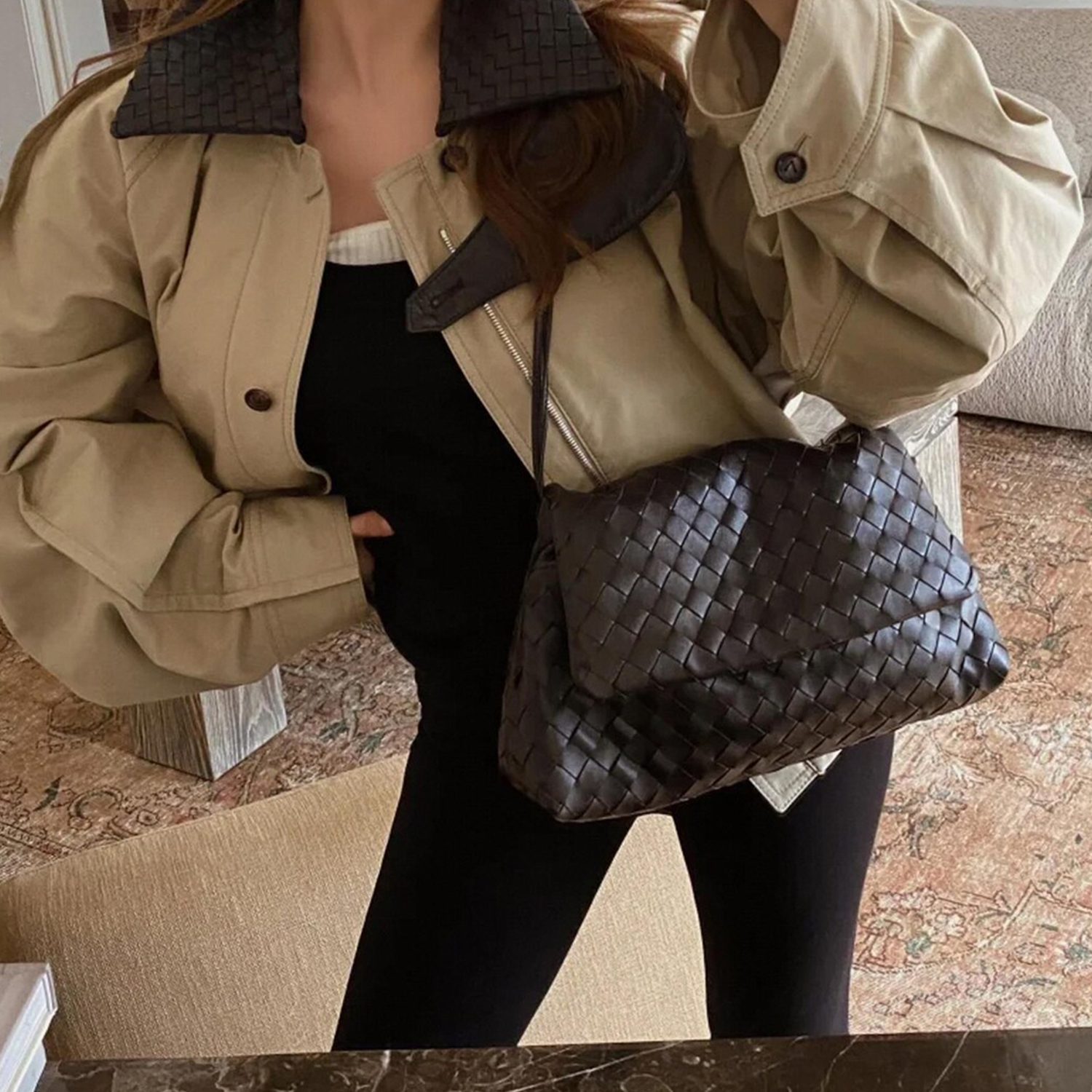 Triple Tone Intricate Grid Woven Slouchy Rectangular Shoulder Bag With Wide Unfastened Fold Flap And Slim Side Shoulder Loop Hardware