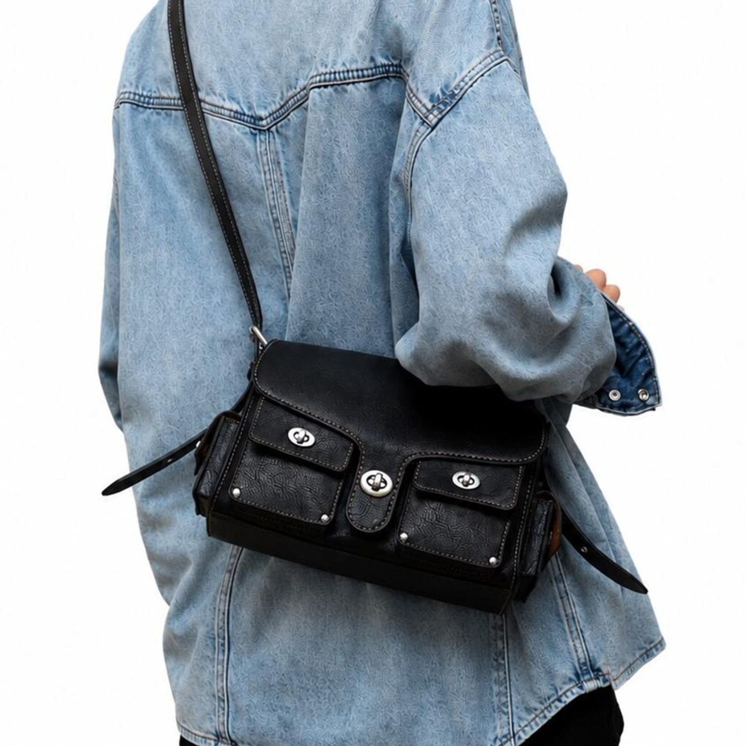 Jet Black Vintage Textured Grain Rectangular Satchel With Contrast Edge Stitching, Triple Front Turn-Lock Pockets, Side Extension Pouches And Rear Flat Slip Pocket