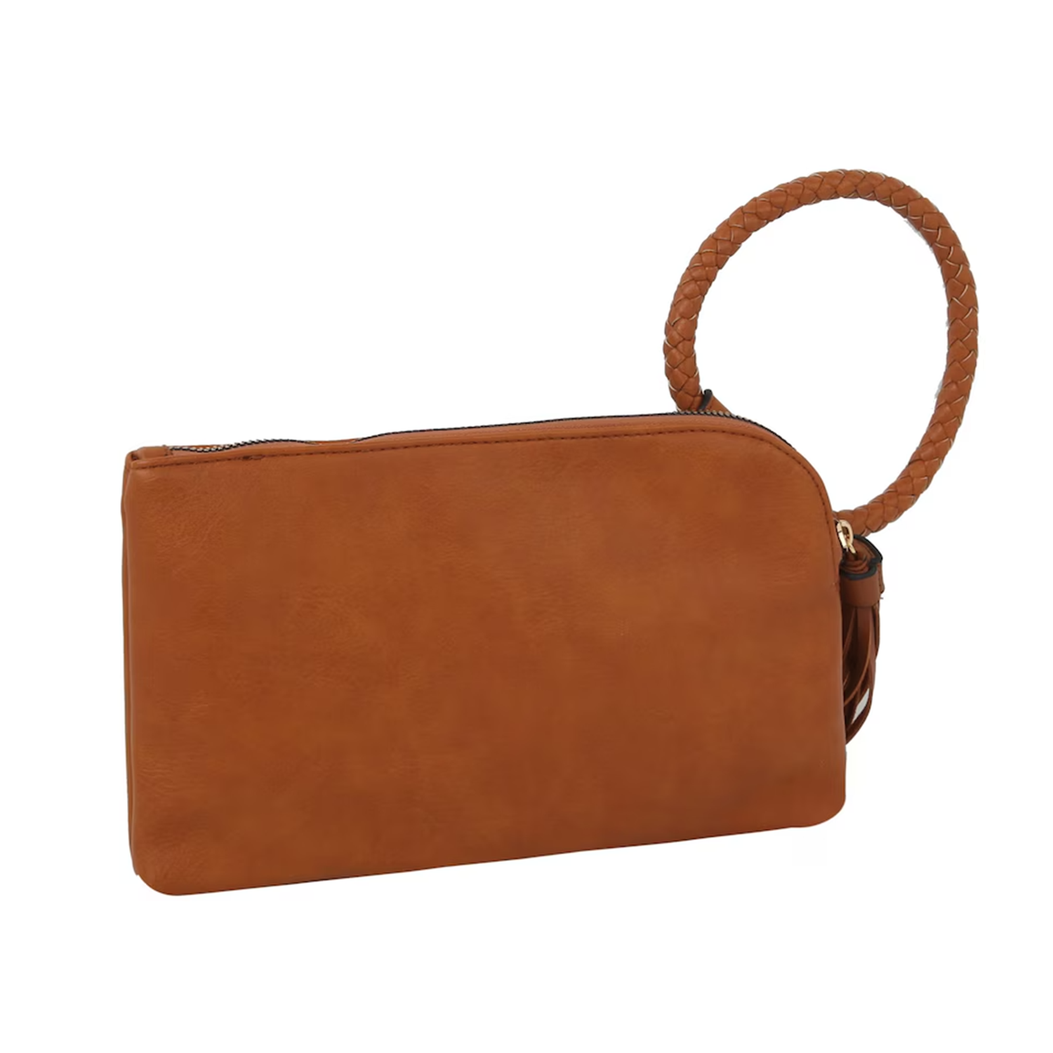 Smooth Matte Rectangular Wristlet Clutch With Braided Circular Loop Grip, Cascading Fringe Tassel And Multi-Slot Fabric Lined Interior