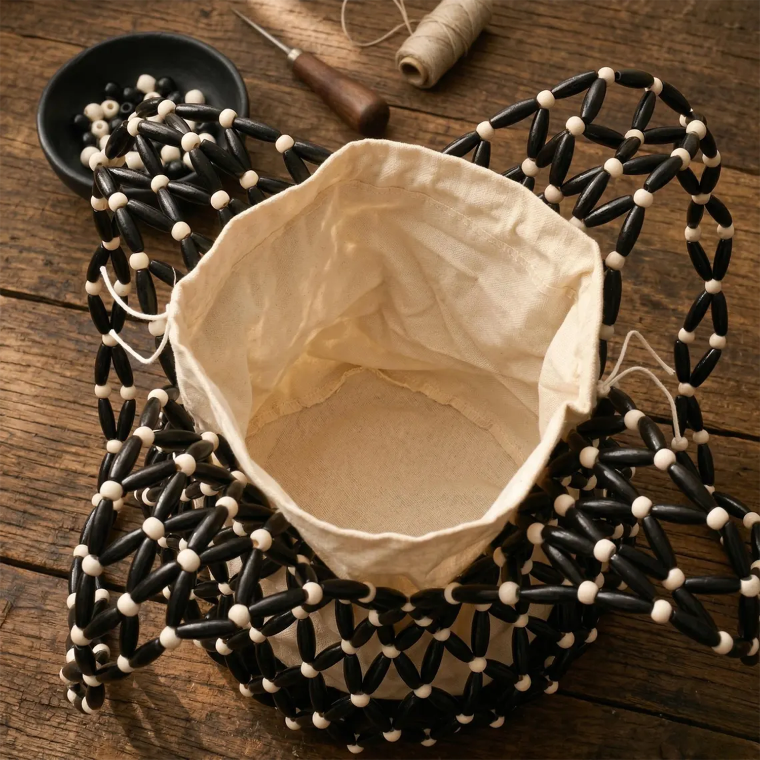 Triple Tone Hand Woven Oval Wooden Bead Tapered Bucket Shoulder Carry With Detachable Drawstring Fabric Liner And Continuous Bead Mesh Shoulder Strap