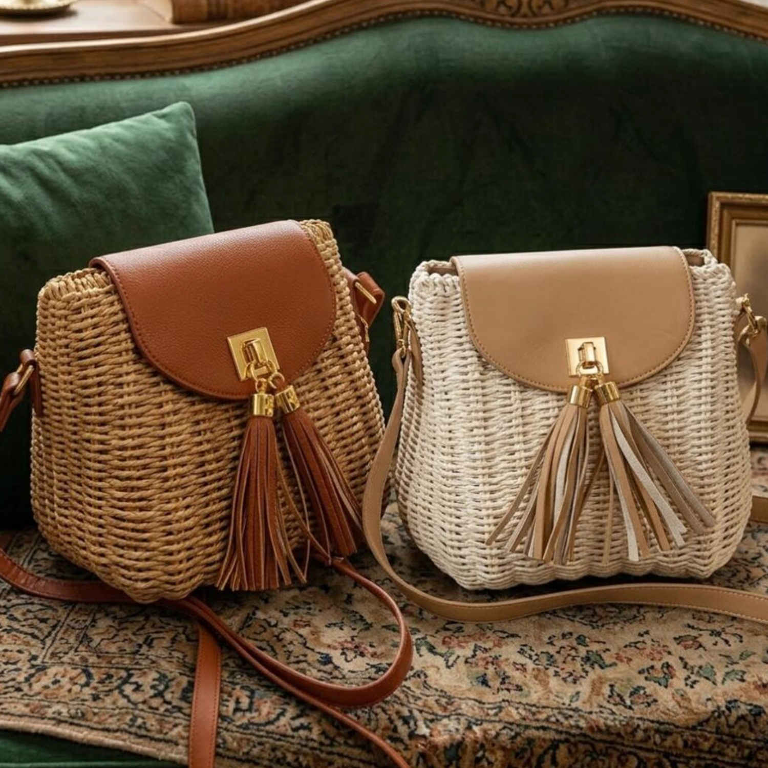 Neutral Woven Straw Compact Square Satchel With Curved Smooth Overlay Flap, Metallic Twist Lock Hardware And Dual Fringe Tassel Accents