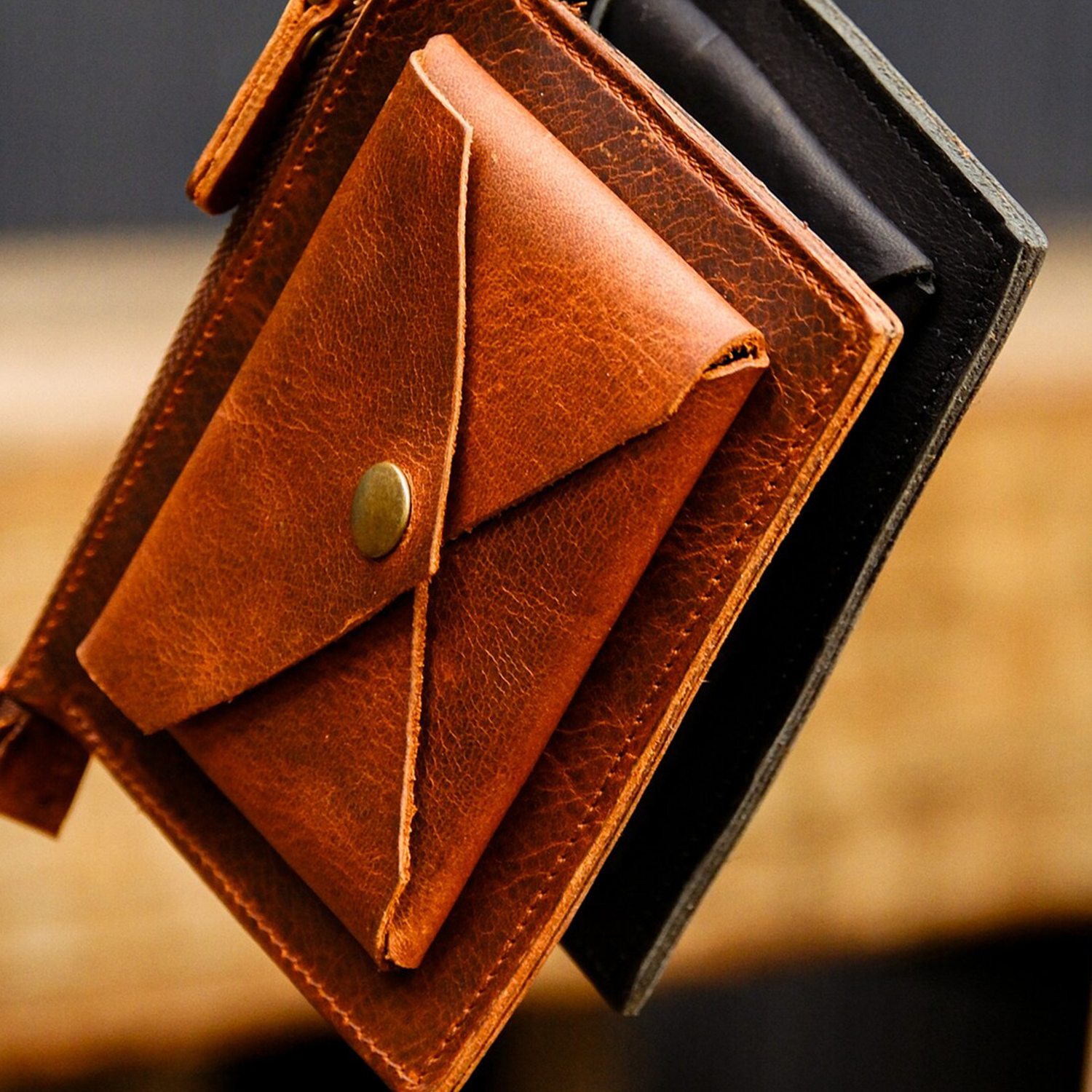 Textured Grain Slim Rectangular Handheld Pouch With Envelope Snap Front Pocket, Full Side Zip Compartment And Clasp Grip Tab Hardware Wristlet