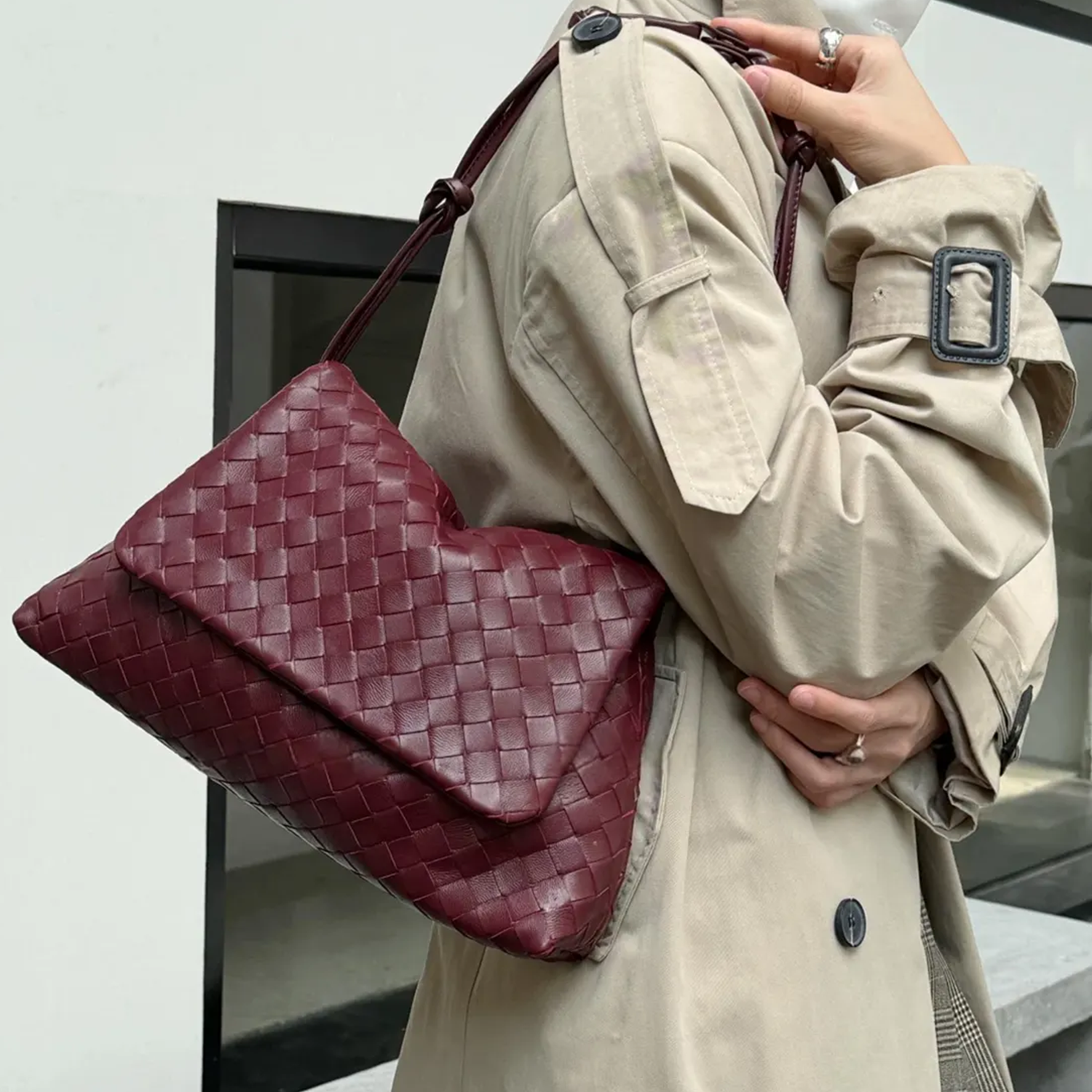 Triple Tone Intricate Grid Woven Slouchy Rectangular Shoulder Bag With Wide Unfastened Fold Flap And Slim Side Shoulder Loop Hardware