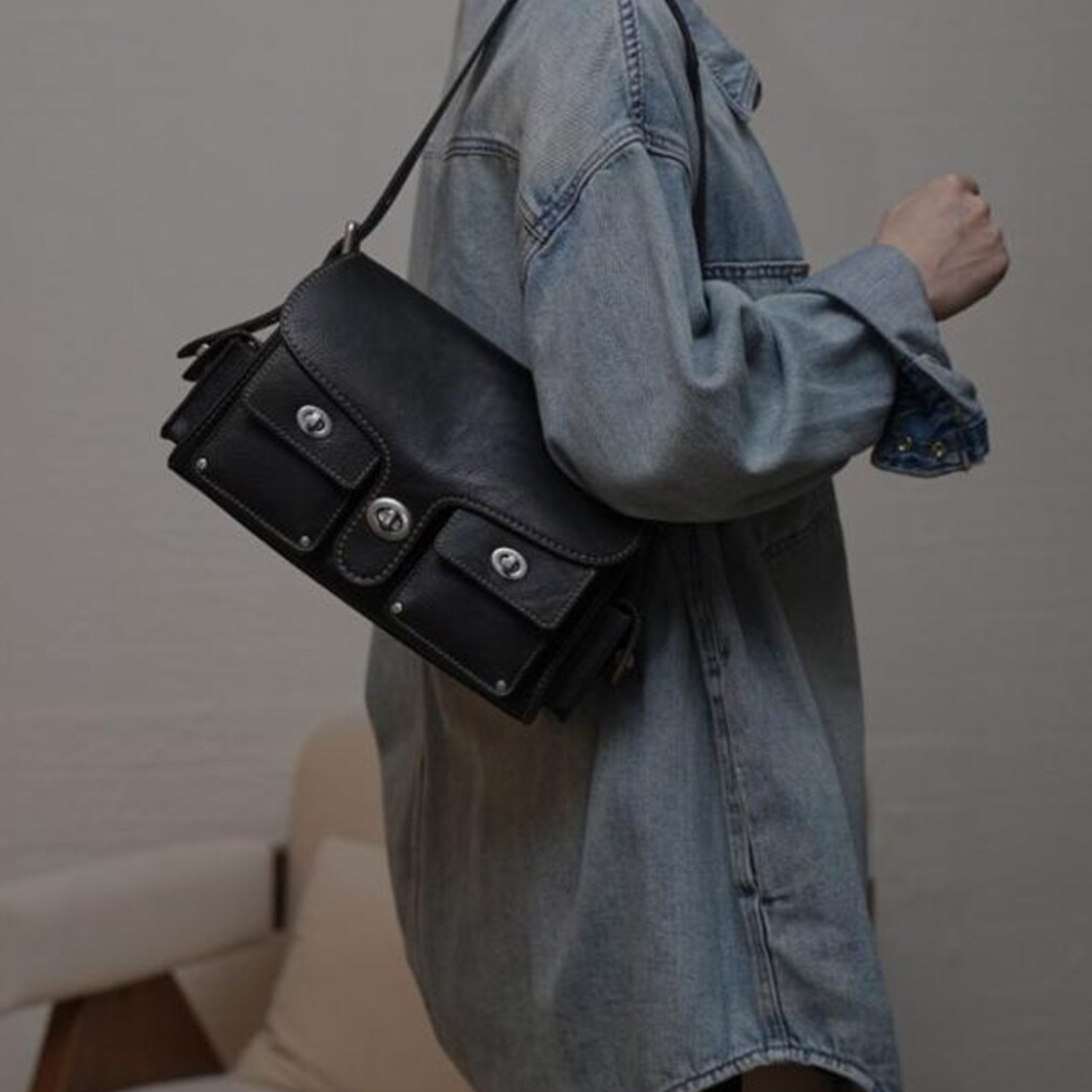 Jet Black Vintage Textured Grain Rectangular Satchel With Contrast Edge Stitching, Triple Front Turn-Lock Pockets, Side Extension Pouches And Rear Flat Slip Pocket