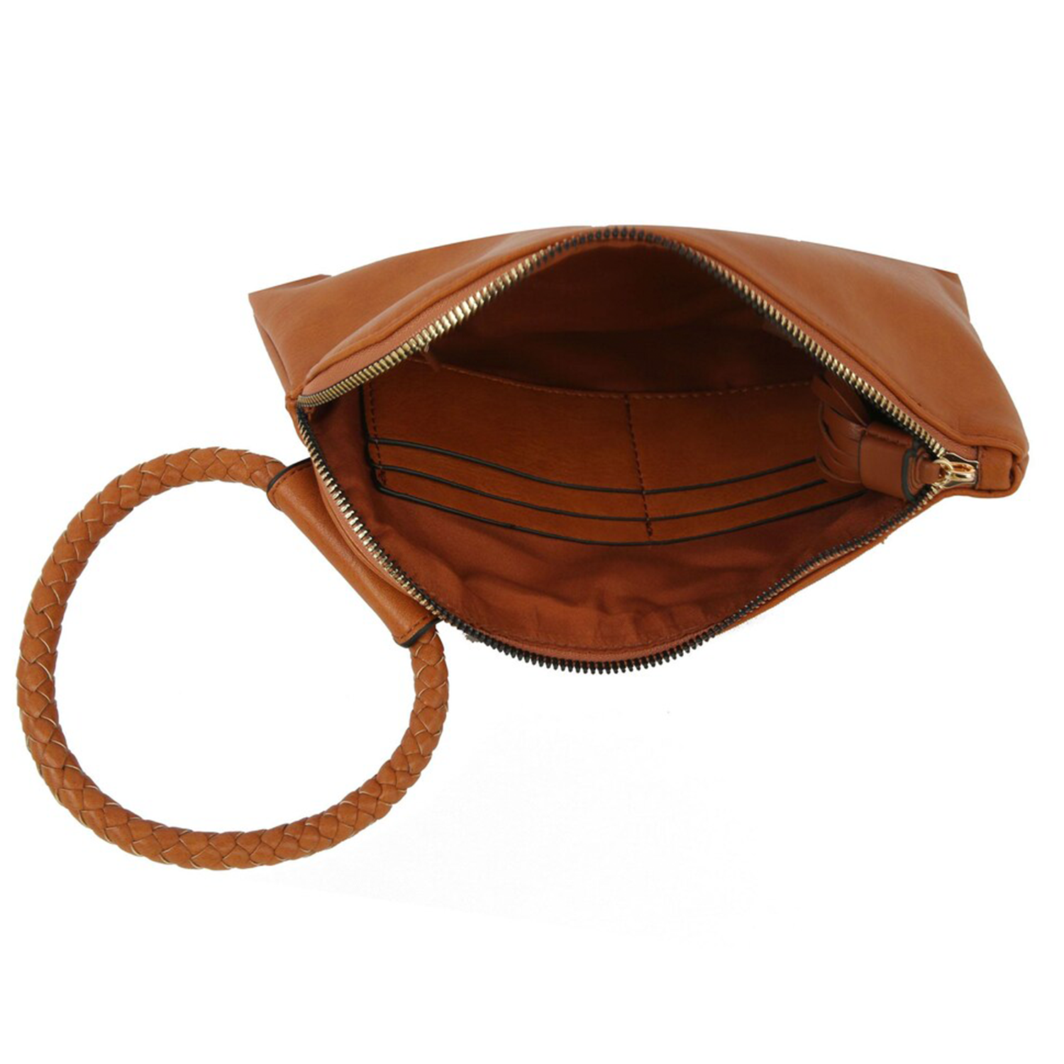 Smooth Matte Rectangular Wristlet Clutch With Braided Circular Loop Grip, Cascading Fringe Tassel And Multi-Slot Fabric Lined Interior