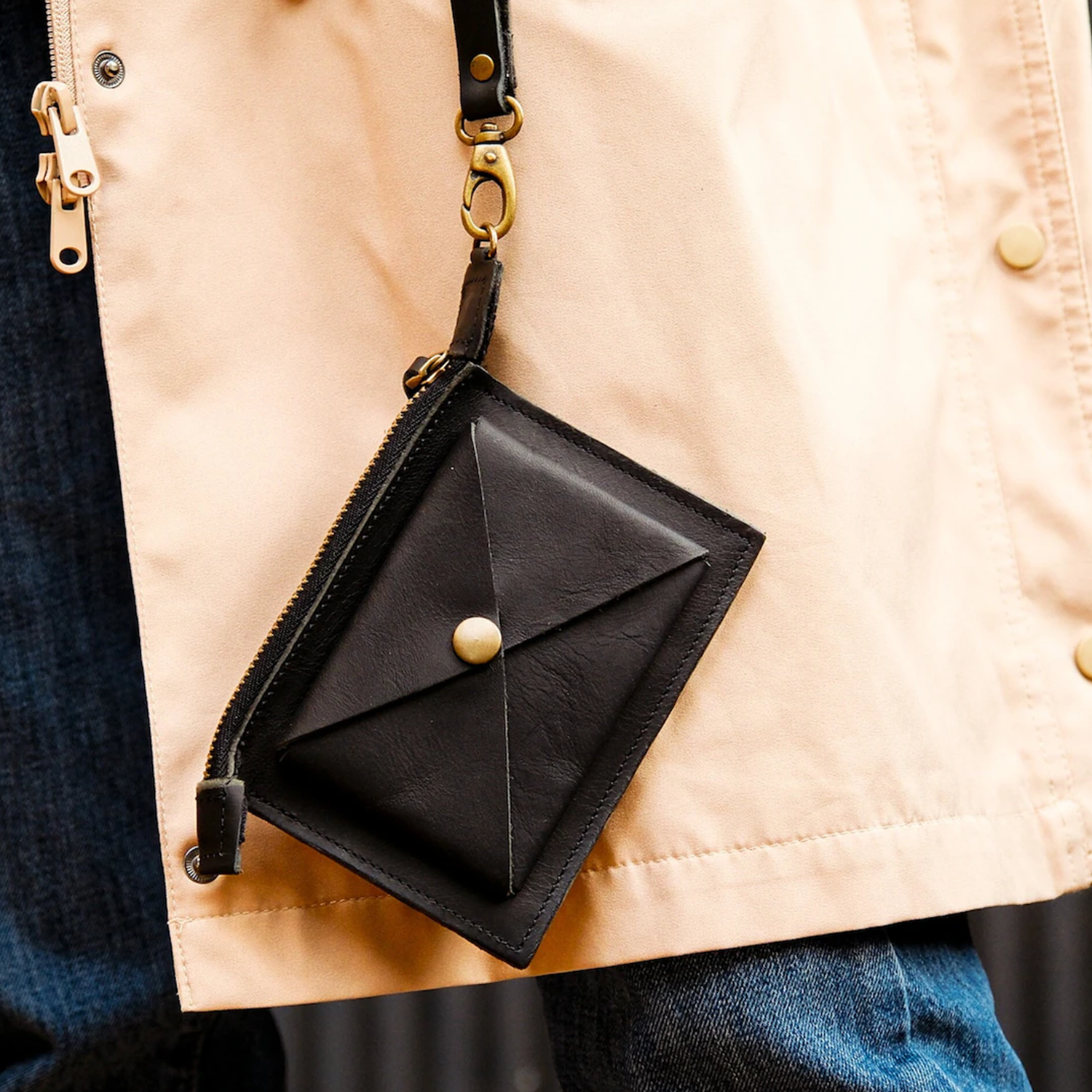 Textured Grain Slim Rectangular Handheld Pouch With Envelope Snap Front Pocket, Full Side Zip Compartment And Clasp Grip Tab Hardware Wristlet