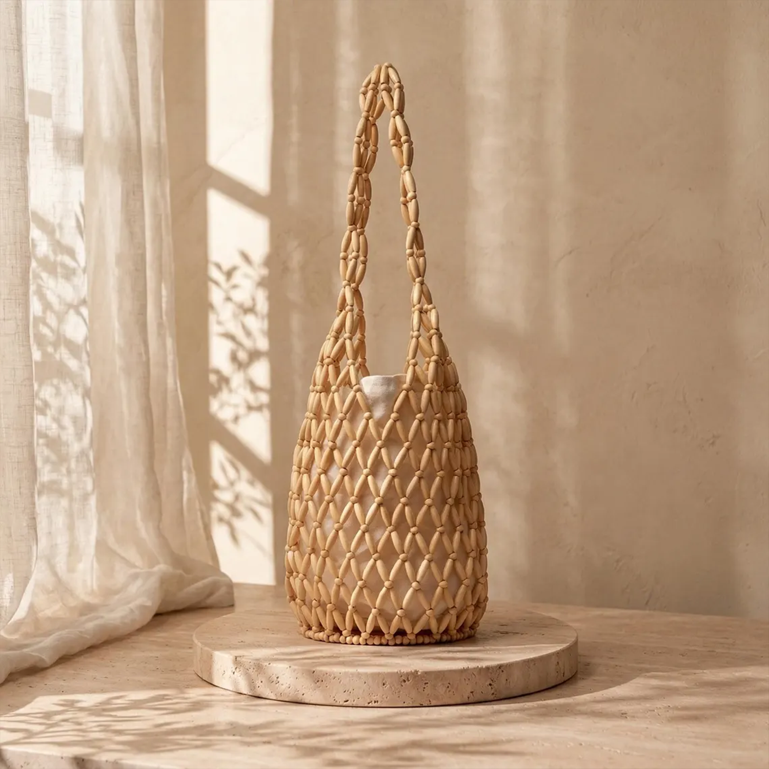 Triple Tone Hand Woven Oval Wooden Bead Tapered Bucket Shoulder Carry With Detachable Drawstring Fabric Liner And Continuous Bead Mesh Shoulder Strap