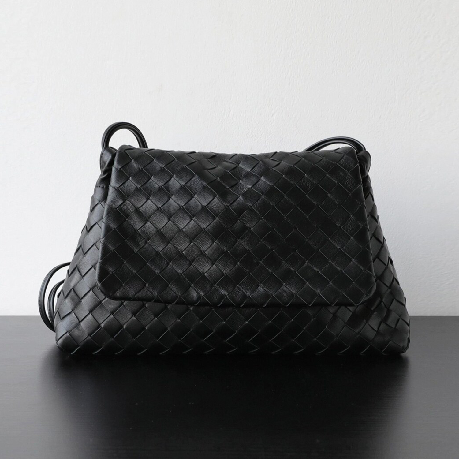 Triple Tone Intricate Grid Woven Slouchy Rectangular Shoulder Bag With Wide Unfastened Fold Flap And Slim Side Shoulder Loop Hardware
