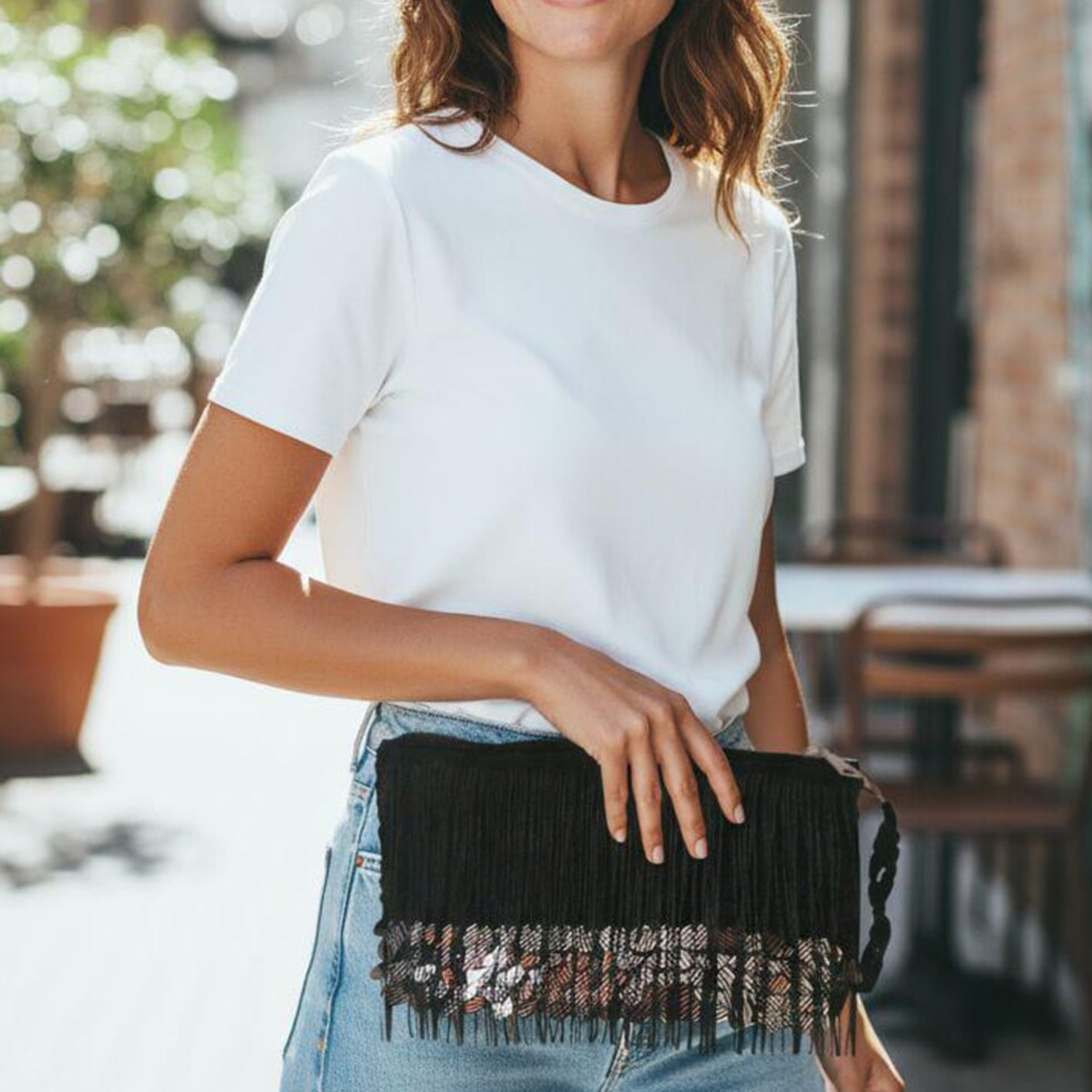 Knit Rectangular Wristlet Clutch With Cascading Fringe Panels, Overlapping Reflective Sequin Trim And Full-Width Matching Zip Top Closure