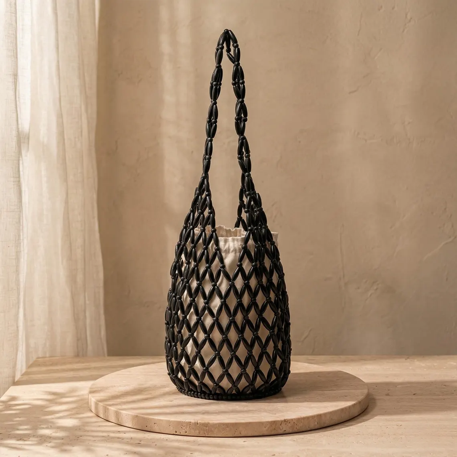Triple Tone Hand Woven Oval Wooden Bead Tapered Bucket Shoulder Carry With Detachable Drawstring Fabric Liner And Continuous Bead Mesh Shoulder Strap