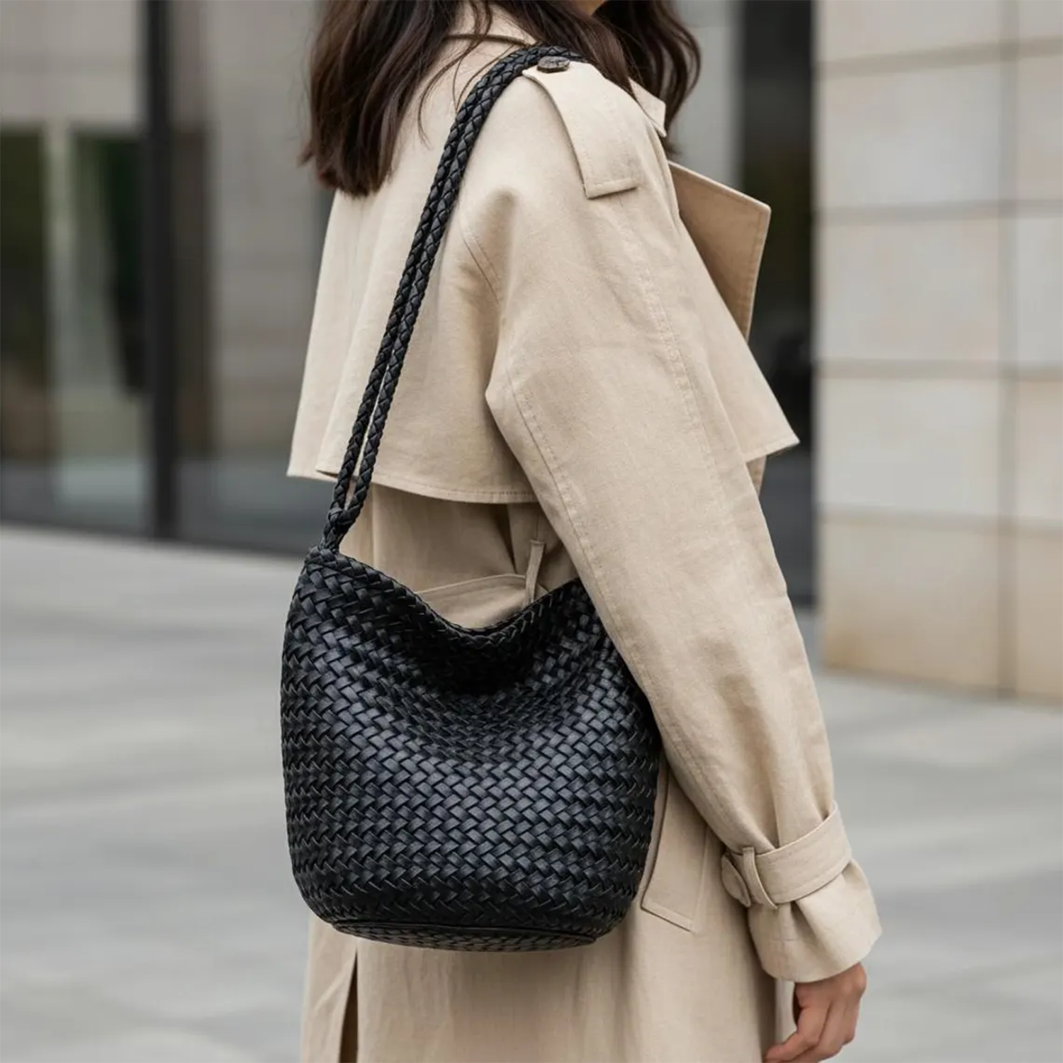 Tight Interlaced Woven Slouchy Bucket Hobo With Continuous Braided Single Shoulder Strap And Stable Rounded Base Silhouette