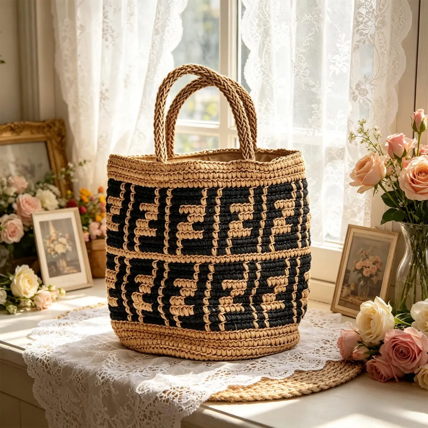 Handwoven Raffia Bucket Tote With Braided Dual Top Handles, Interior Drawstring Cinch Closure And Full Smooth Fabric Lining