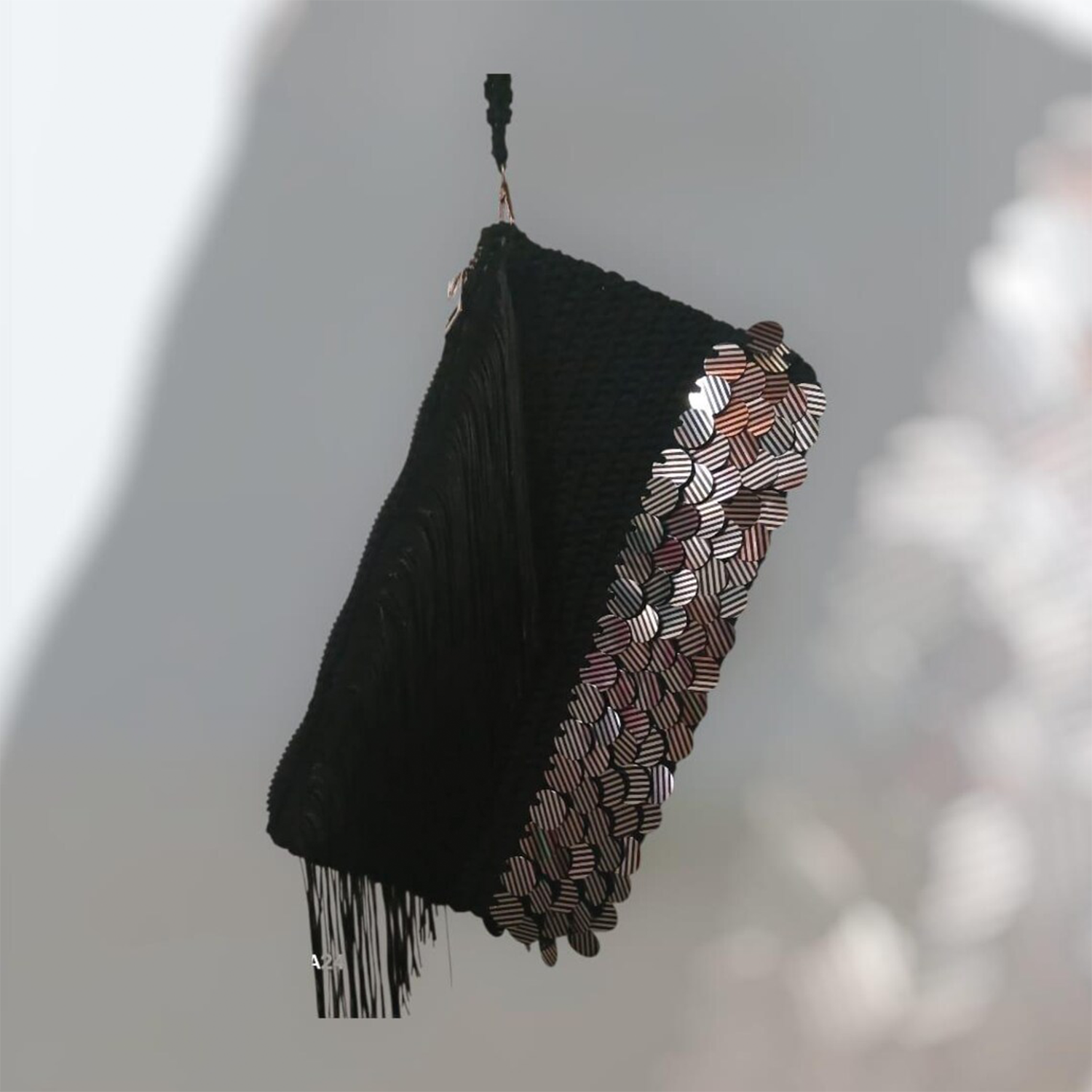 Knit Rectangular Wristlet Clutch With Cascading Fringe Panels, Overlapping Reflective Sequin Trim And Full-Width Matching Zip Top Closure