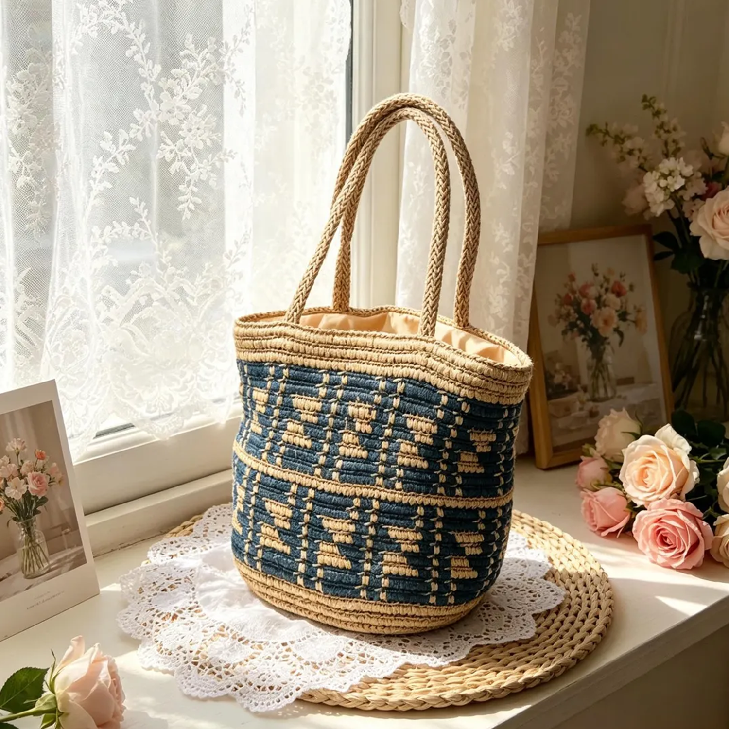Handwoven Raffia Bucket Tote With Braided Dual Top Handles, Interior Drawstring Cinch Closure And Full Smooth Fabric Lining