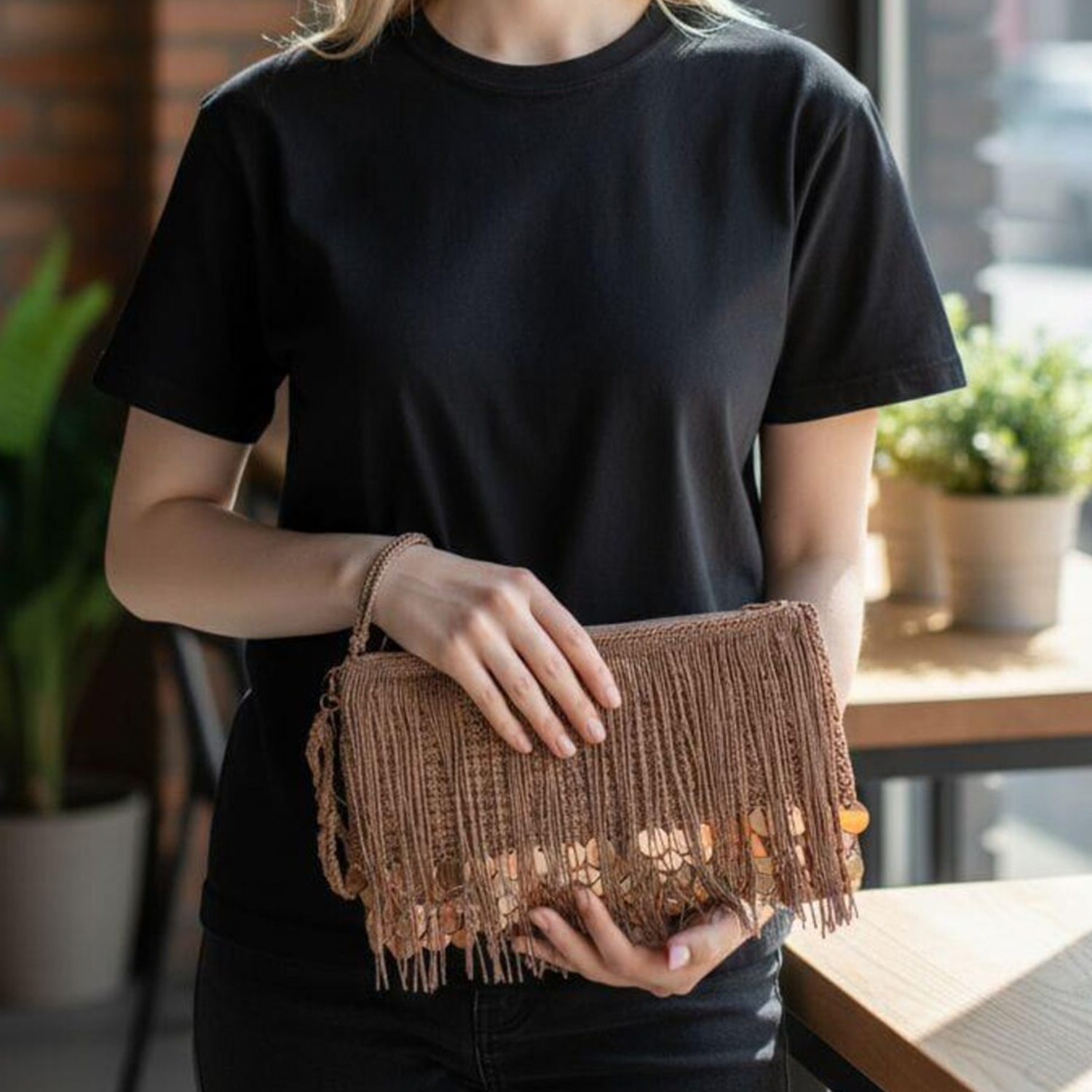 Knit Rectangular Wristlet Clutch With Cascading Fringe Panels, Overlapping Reflective Sequin Trim And Full-Width Matching Zip Top Closure