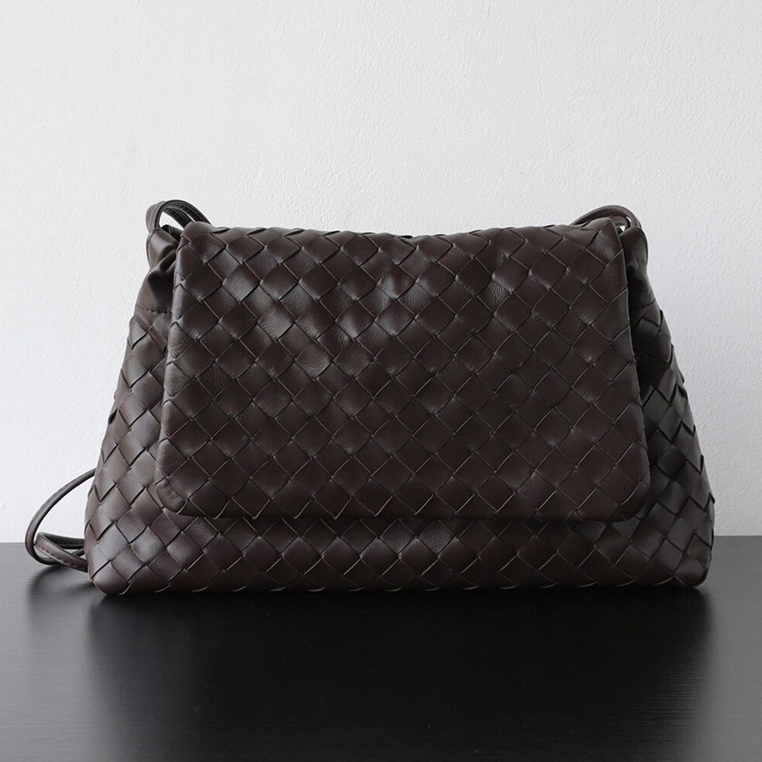 Triple Tone Intricate Grid Woven Slouchy Rectangular Shoulder Bag With Wide Unfastened Fold Flap And Slim Side Shoulder Loop Hardware