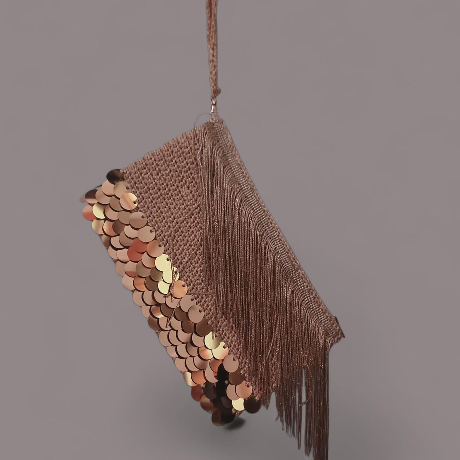 Knit Rectangular Wristlet Clutch With Cascading Fringe Panels, Overlapping Reflective Sequin Trim And Full-Width Matching Zip Top Closure