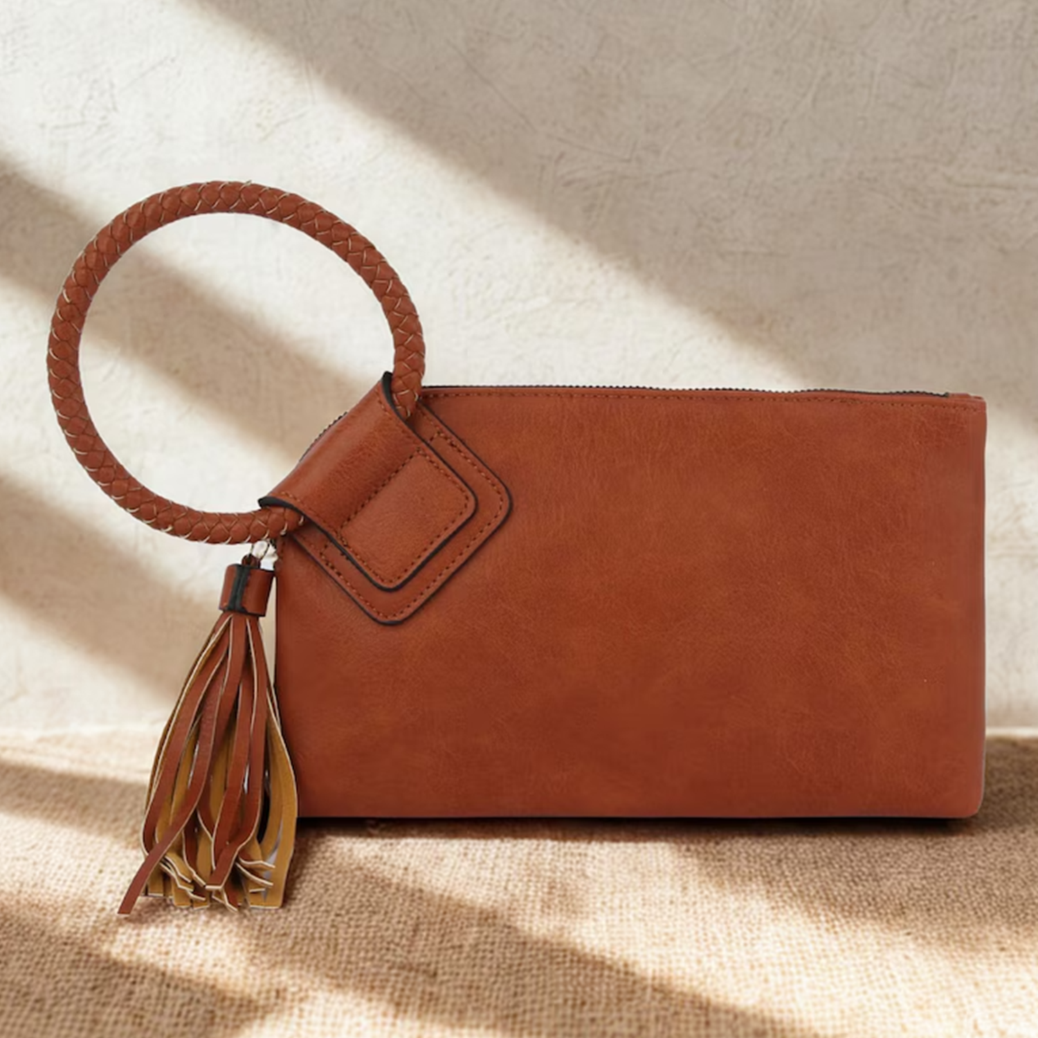 Smooth Matte Rectangular Wristlet Clutch With Braided Circular Loop Grip, Cascading Fringe Tassel And Multi-Slot Fabric Lined Interior