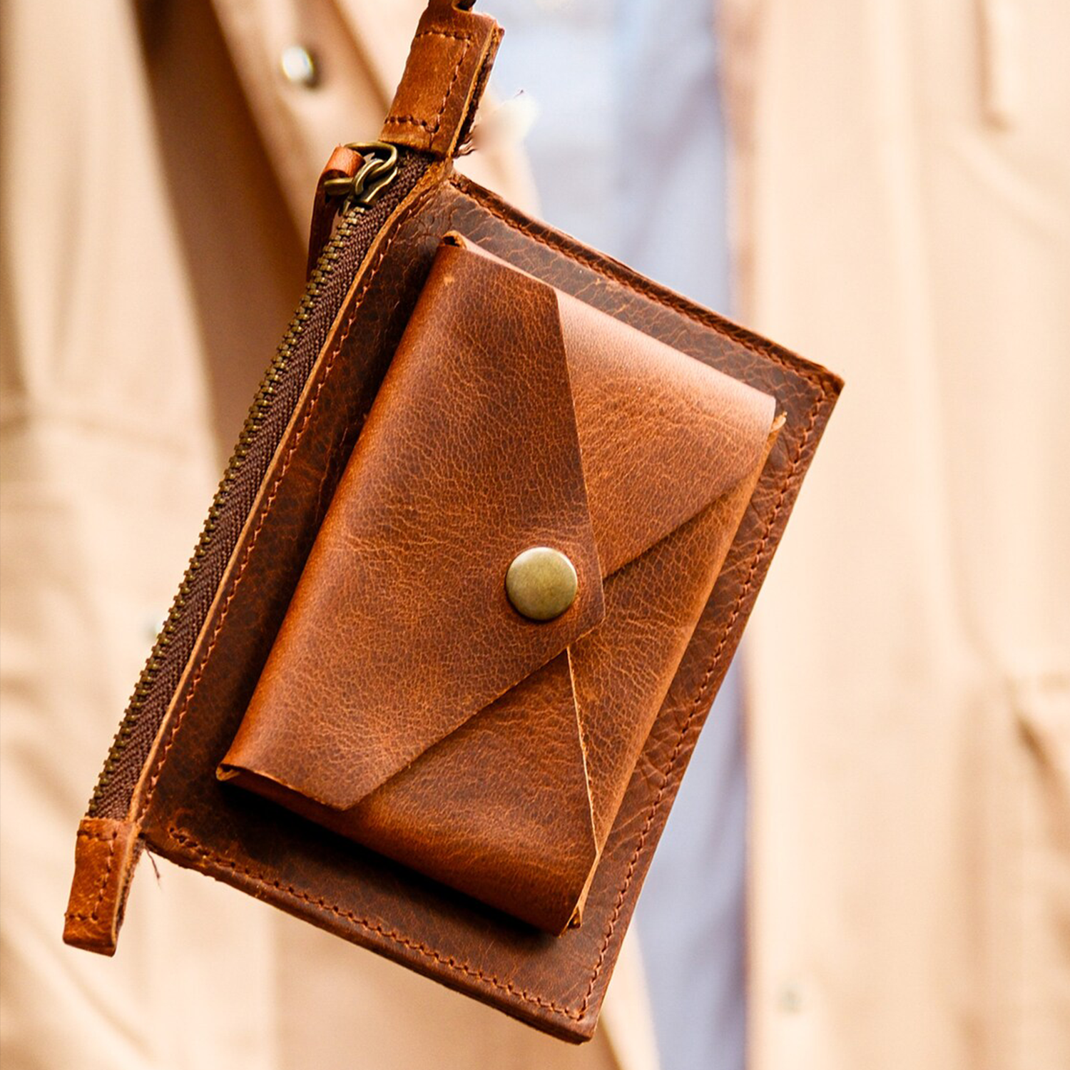 Textured Grain Slim Rectangular Handheld Pouch With Envelope Snap Front Pocket, Full Side Zip Compartment And Clasp Grip Tab Hardware Wristlet