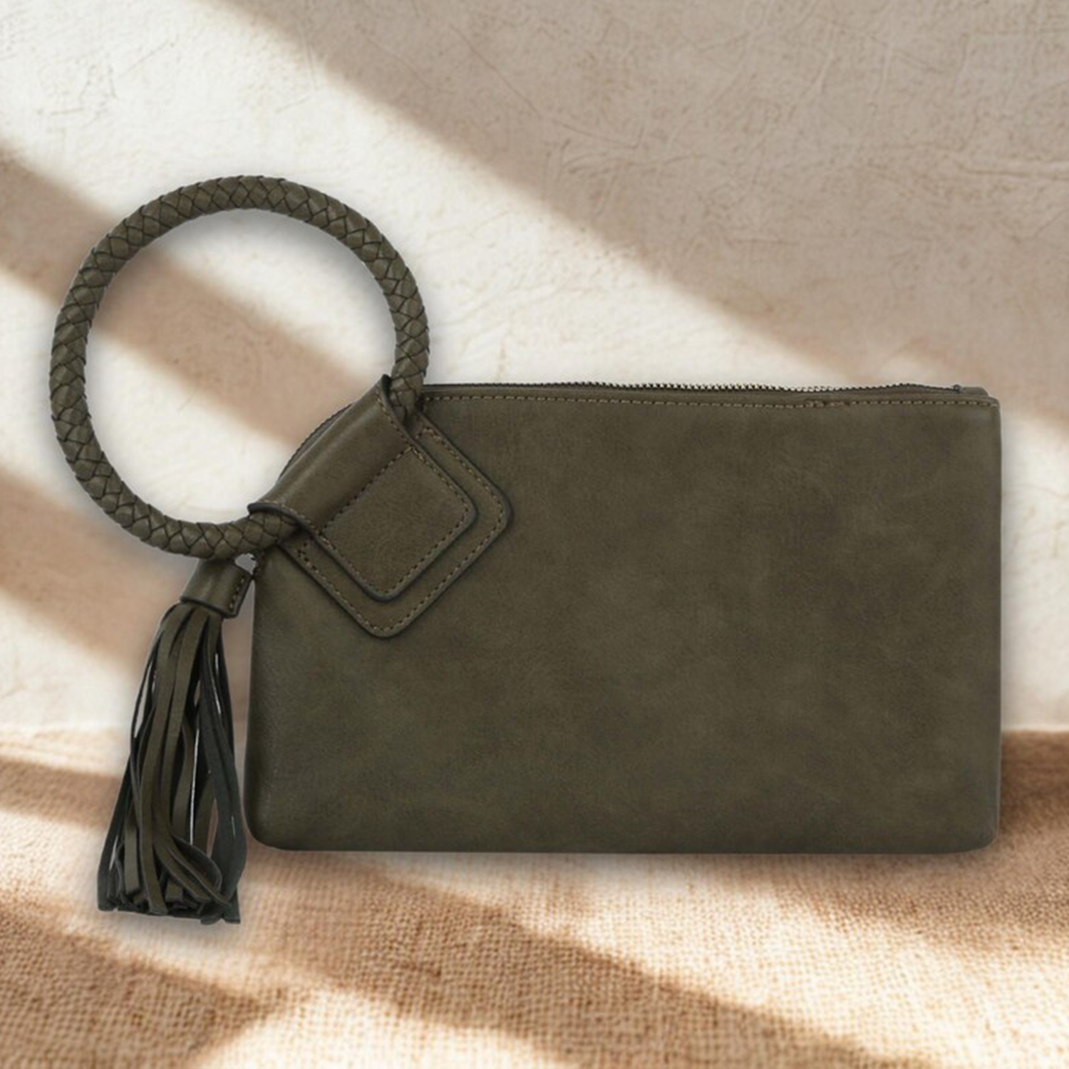 Smooth Matte Rectangular Wristlet Clutch With Braided Circular Loop Grip, Cascading Fringe Tassel And Multi-Slot Fabric Lined Interior