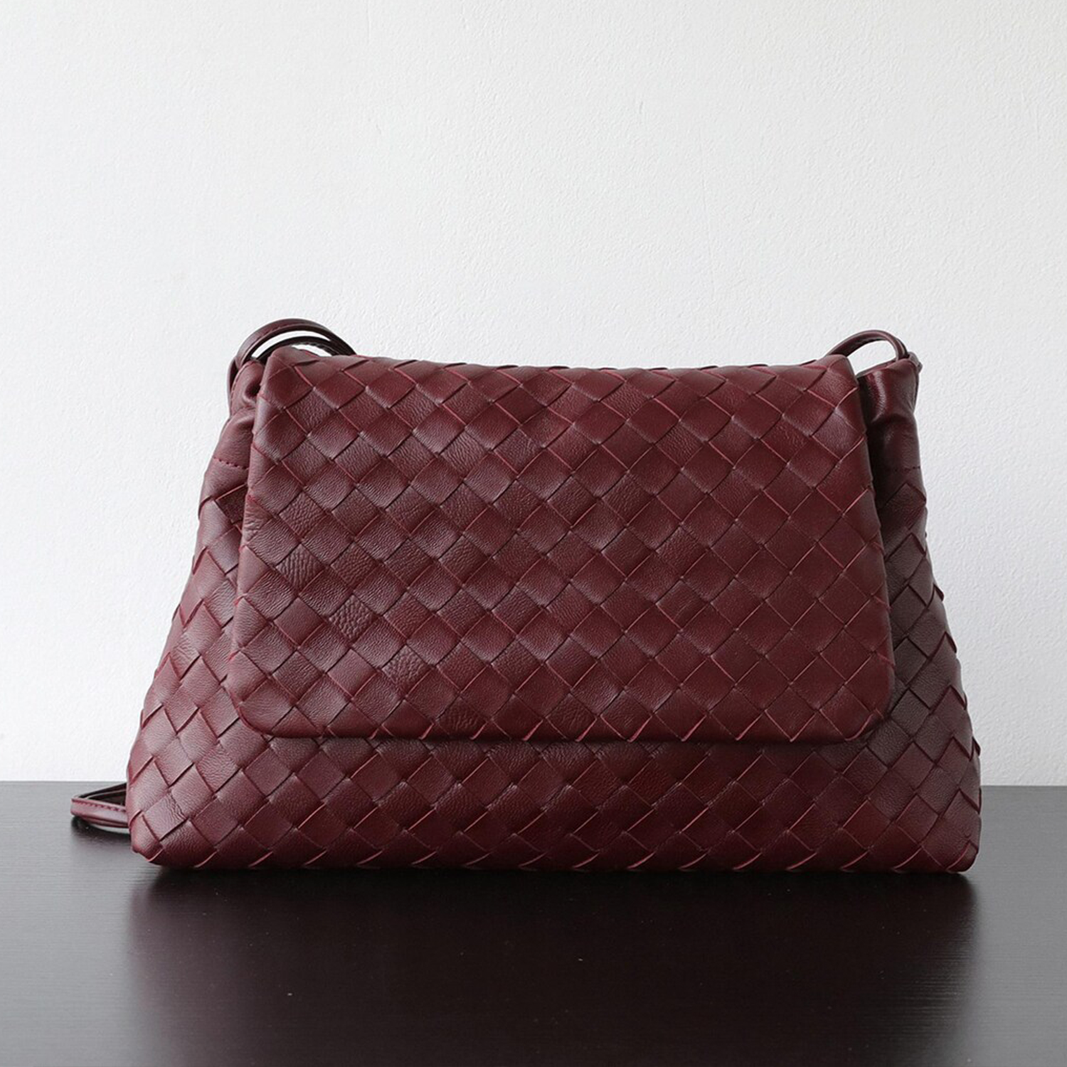 Triple Tone Intricate Grid Woven Slouchy Rectangular Shoulder Bag With Wide Unfastened Fold Flap And Slim Side Shoulder Loop Hardware