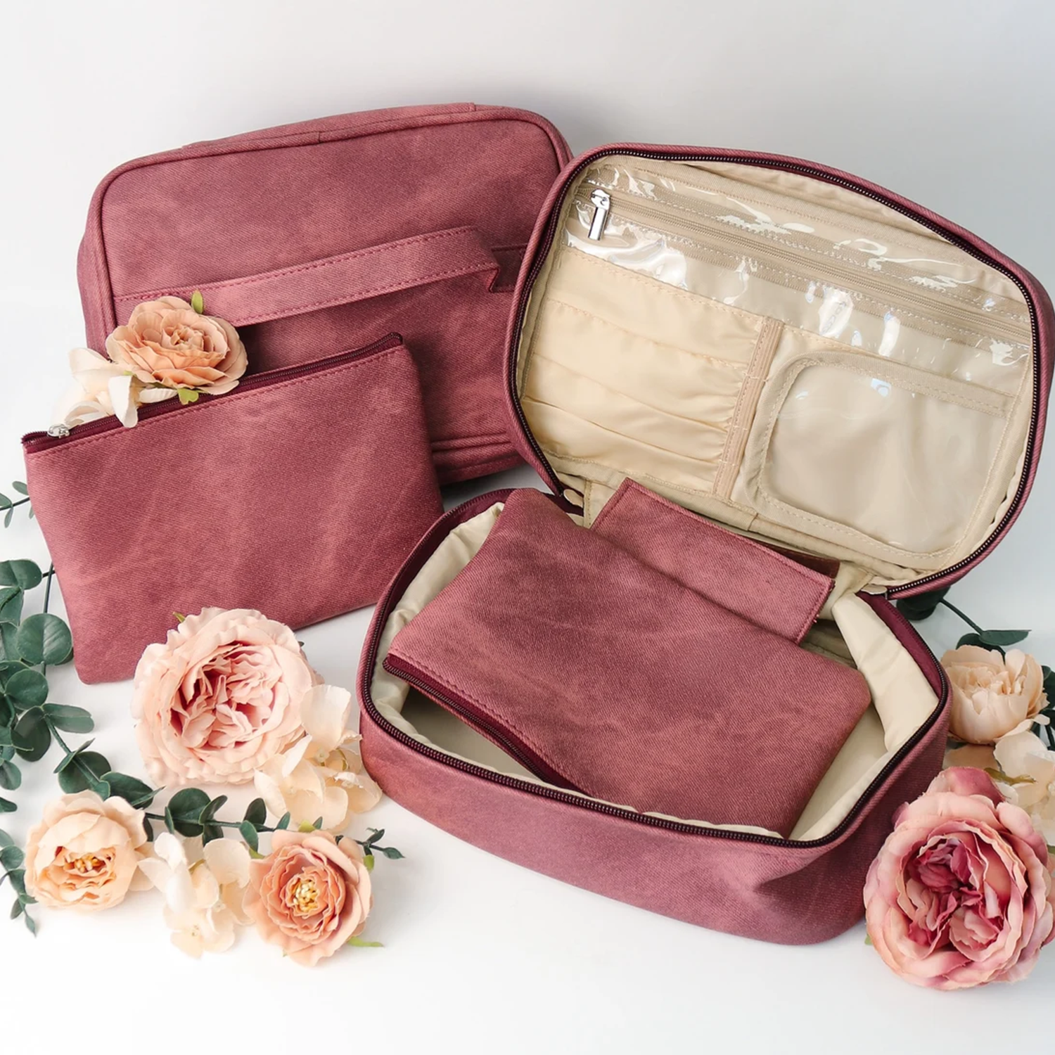 Multi-Tone Matte Woven Fabric Rectangular Cosmetic Organizer Set With Integrated Top Handle, Dual Metallic Zipper Pulls And Supplementary Slim Matching Storage Pouch