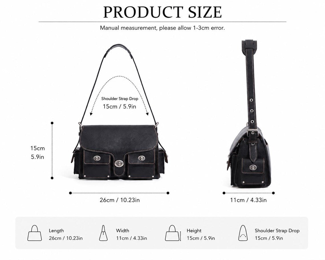 Jet Black Vintage Textured Grain Rectangular Satchel With Contrast Edge Stitching, Triple Front Turn-Lock Pockets, Side Extension Pouches And Rear Flat Slip Pocket