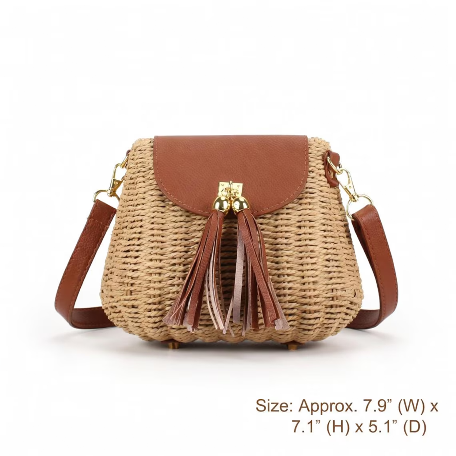 Neutral Woven Straw Compact Square Satchel With Curved Smooth Overlay Flap, Metallic Twist Lock Hardware And Dual Fringe Tassel Accents