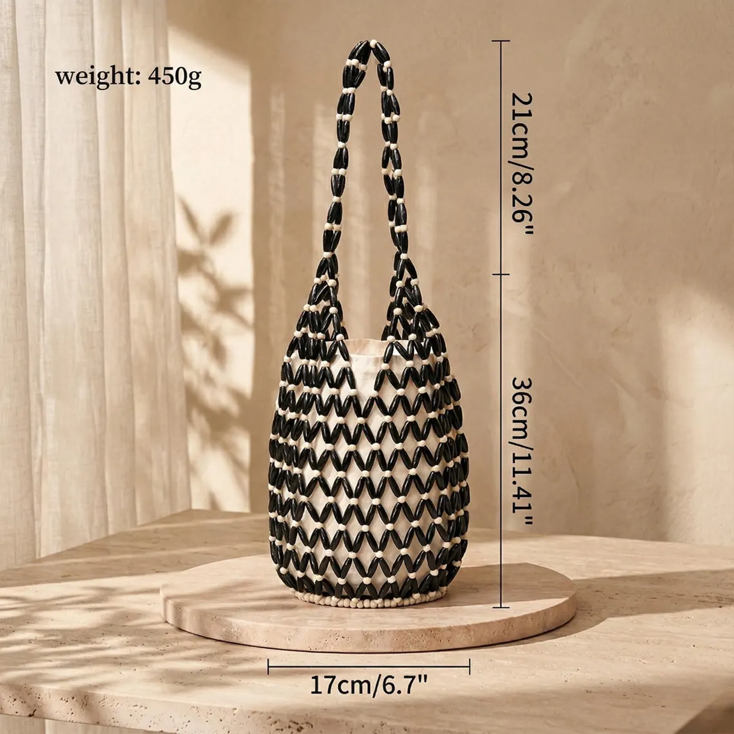 Triple Tone Hand Woven Oval Wooden Bead Tapered Bucket Shoulder Carry With Detachable Drawstring Fabric Liner And Continuous Bead Mesh Shoulder Strap