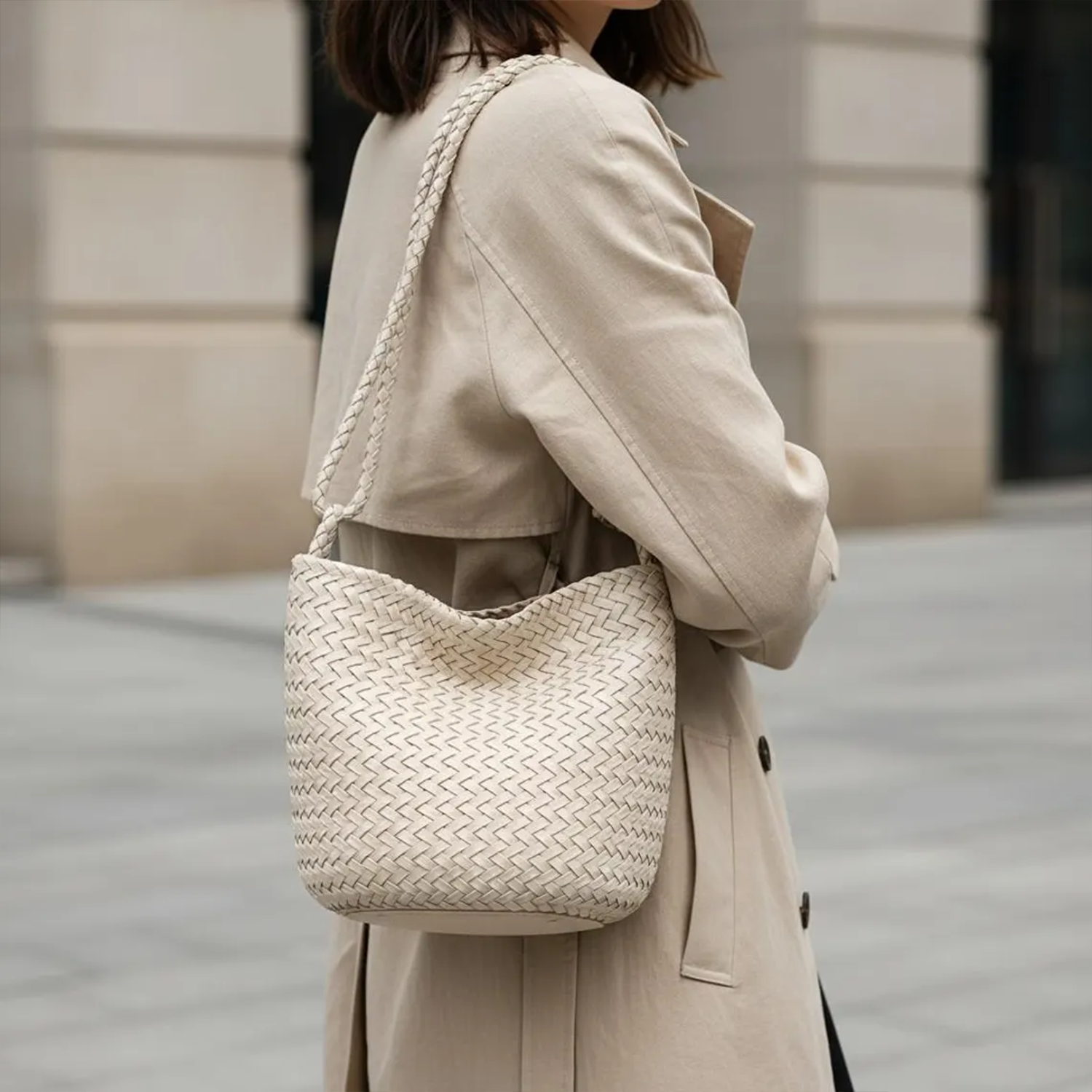 Tight Interlaced Woven Slouchy Bucket Hobo With Continuous Braided Single Shoulder Strap And Stable Rounded Base Silhouette