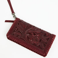 Deep Burgundy Intricate Floral Embossed Rectangular Wristlet Wallet With Full Fringe Whipstitch Trim, Detachable Wrist Strand And Multi-Slot Layered Inner Layout