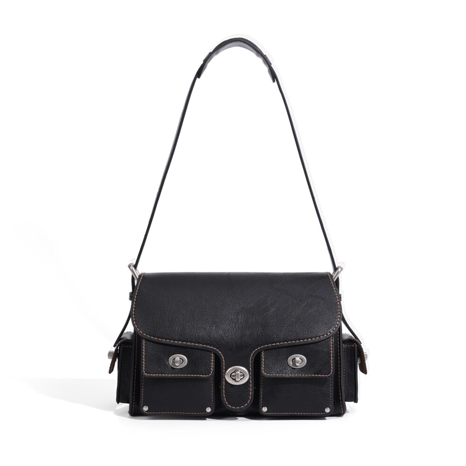 Jet Black Vintage Textured Grain Rectangular Satchel With Contrast Edge Stitching, Triple Front Turn-Lock Pockets, Side Extension Pouches And Rear Flat Slip Pocket
