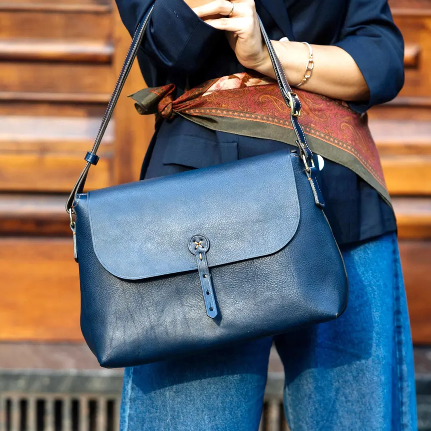 Deep Navy Pebbled Grain Curved Flap Shoulder Satchel With Contrast Edge Stitching, Stitched Circular Tab Fastener And Triple Slot Fabric Lined Interior