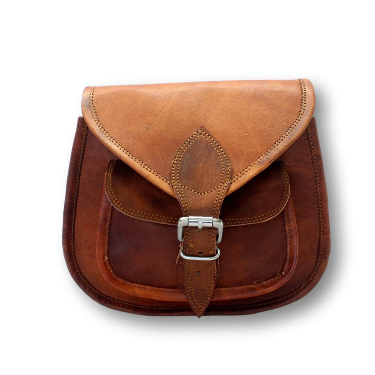 Warm Vintage Tan Aged Grain Curved Saddle Satchel With Dual Overlap Flaps, Leaf Shaped Buckle Tab Fastener And Triple Segmented Inner Storage Zones