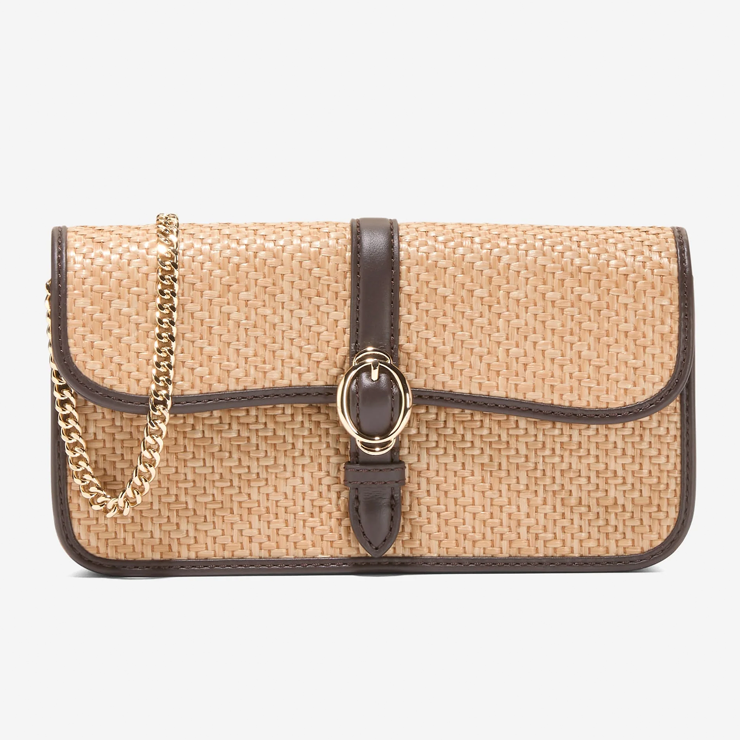 Neutral Beige Tight Woven Rectangular Wallet Shoulder Bag With Dark Brown Trim, Double Ring Metallic Front Hardware And Polished Linked Gold Chain Strand